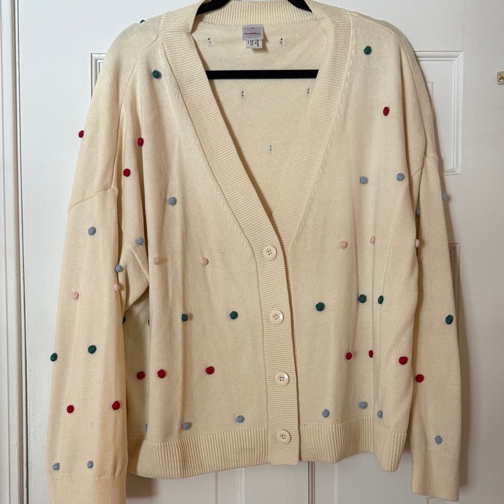 Hanna Andersson Cream Cardigan with Multi-Color Pom-Poms